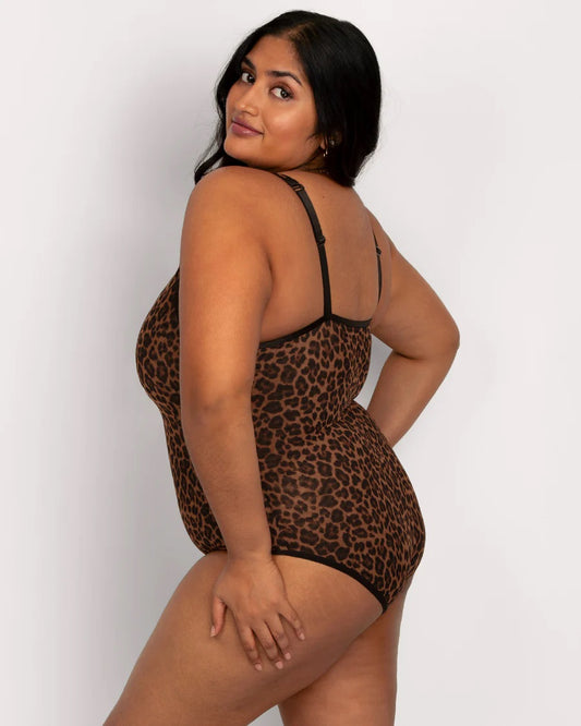 CURVY COUTURE SHEER MESH BODYSUIT: DESIGNER LEOPARD