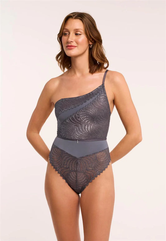 MONTELLE LIGHTS OUT ASYMETRICAL BODYSUIT: MAGNET/SILVER