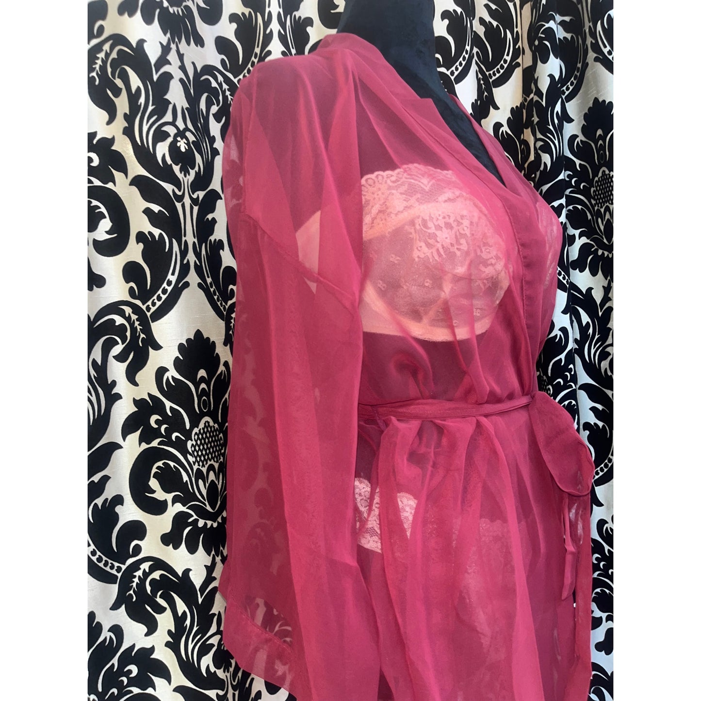 VINTAGE EMPIRE INTIMATES SHEER MERLOT ROBE: ONE SIZE