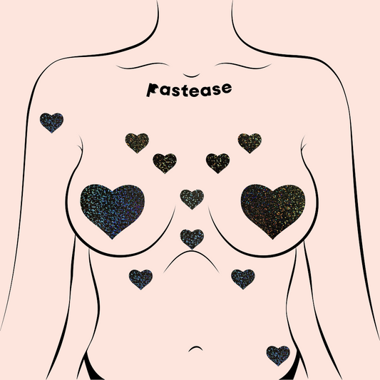 PASTEASE BODY MINI'S 10 PACK BLACK GLITTER HEARTS PASTIES