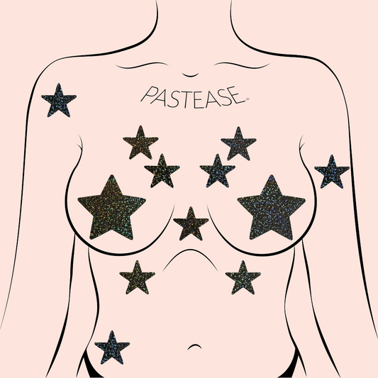 PASTEASE BODY MINI'S 10 BLACK GLITTER STARS NIPPLE & BODY PASTIES