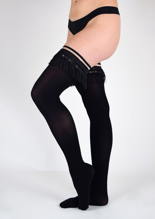 KIX'IES "KEILA" FRINGE BLACK THIGH HIGHS
