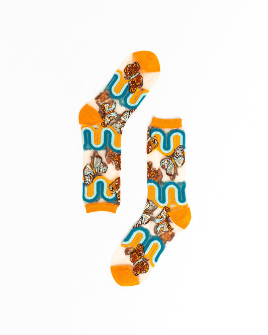 SOCK CANDY SHEER MID HIGH SOCKS: '70s RAINBOW BUTTERFLY