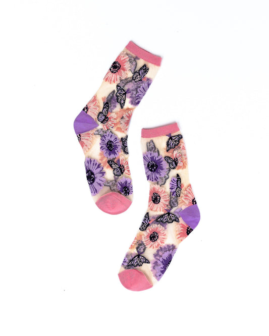 SOCK CANDY SUNFLOWER BUTTERFLY SHEER CREW SOCKS