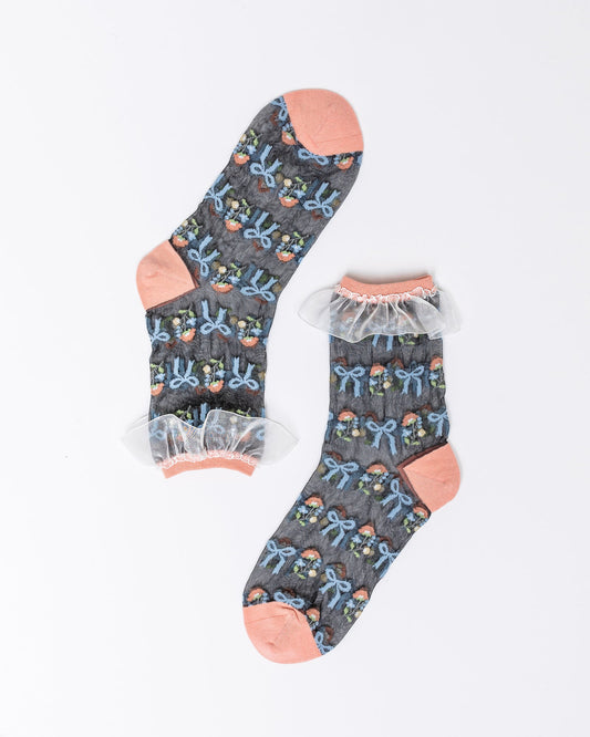SOCK CANDY "FLORAL BOW RUFFLE" SHEER SOCK
