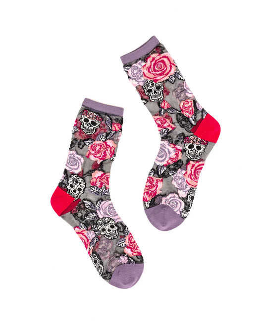 SOCK CANDY SKULLS & ROSES BLACK SHEER CREW SOCKS