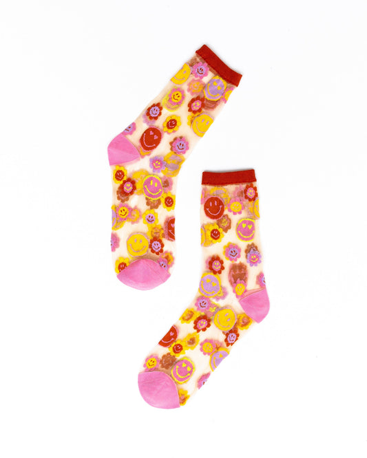 SOCK CANDY SMILEY FACE DAISY SHEER CREW SOCKS