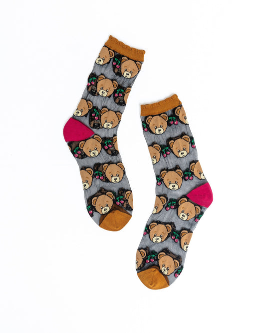 SOCK CANDY TEDDY BEAR RUFFLE BLACK SHEER CREW SOCKS