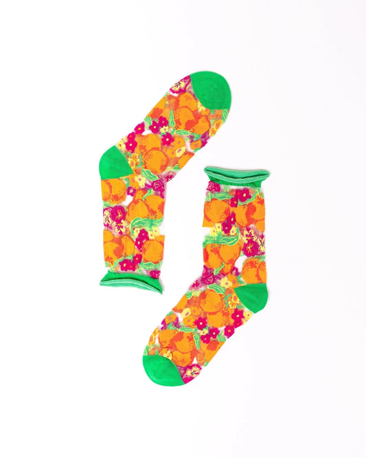 SOCK CANDY ORANGE FLORAL SHEER CREW SOCKS