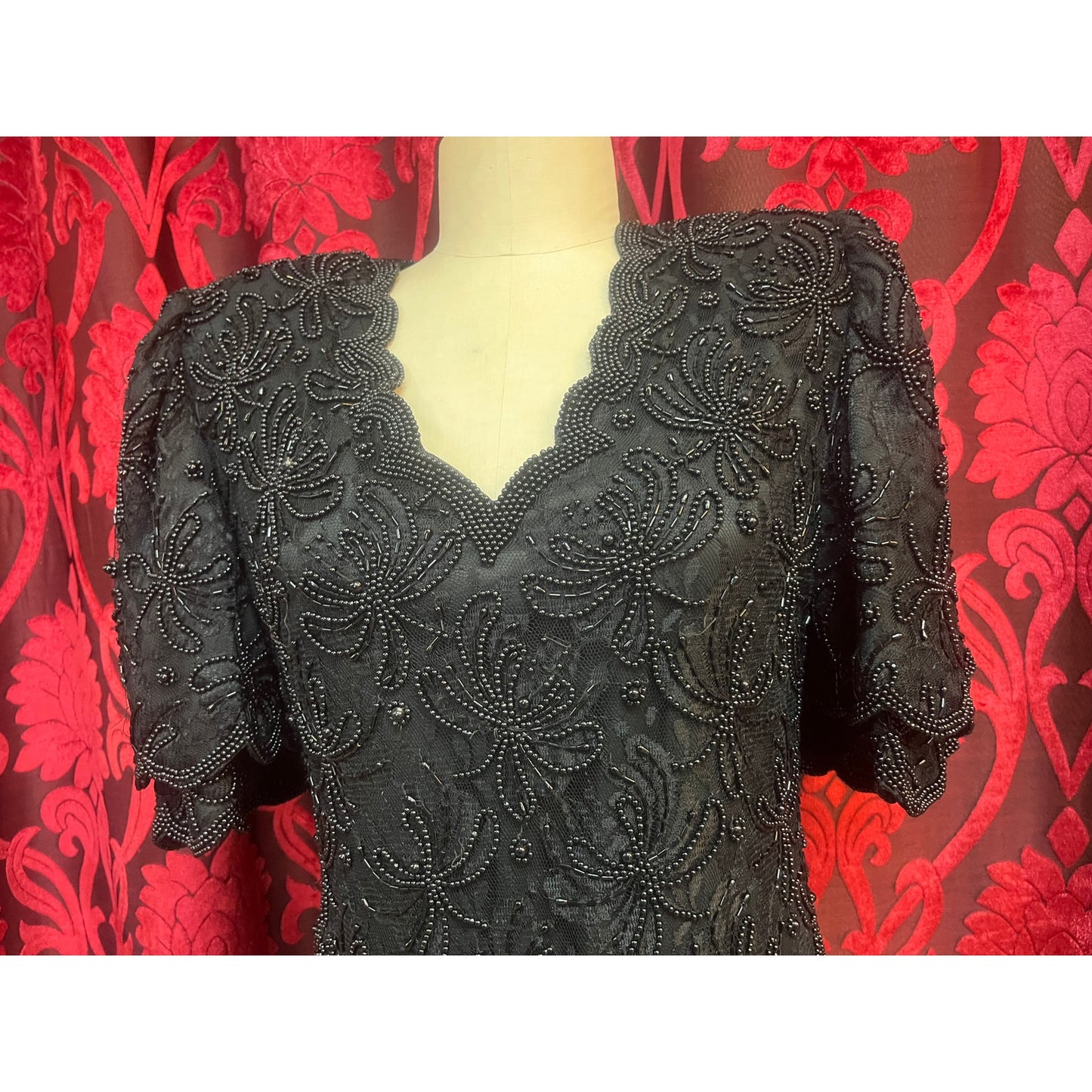 VINTAGE BEADED BLACK LAWRENCE KAZAR DRESS: LARGE