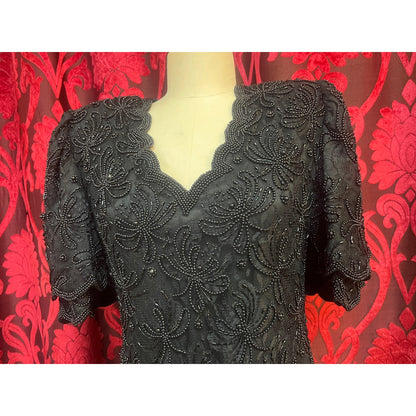 VINTAGE BEADED BLACK LAWRENCE KAZAR DRESS: LARGE