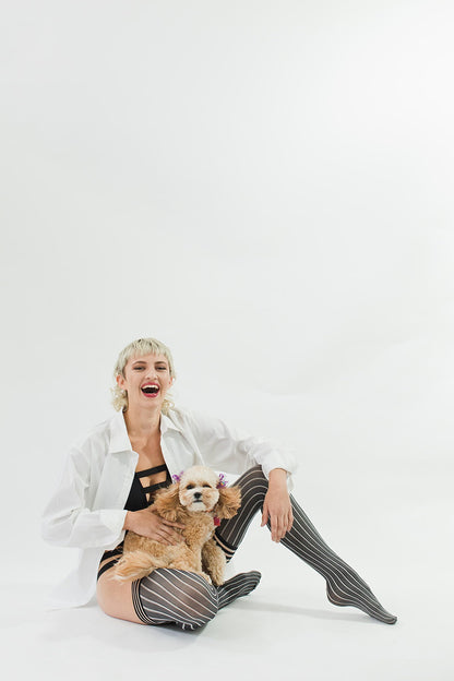 KIX'IES ANNABELLE PINSTRIPE THIGH HIGHS