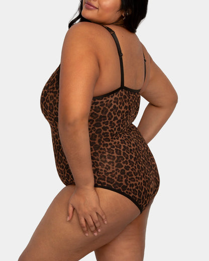 CURVY COUTURE SHEER MESH BODYSUIT: DESIGNER LEOPARD
