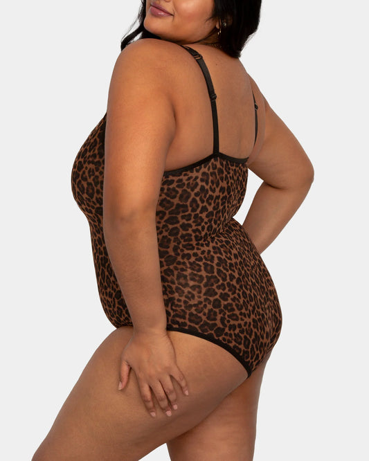 CURVY COUTURE SHEER MESH BODYSUIT: DESIGNER LEOPARD