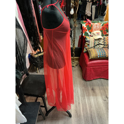 VINTAGE OLGA FULL LENGTH RED SHEER SLIP DRESS (SMALL)