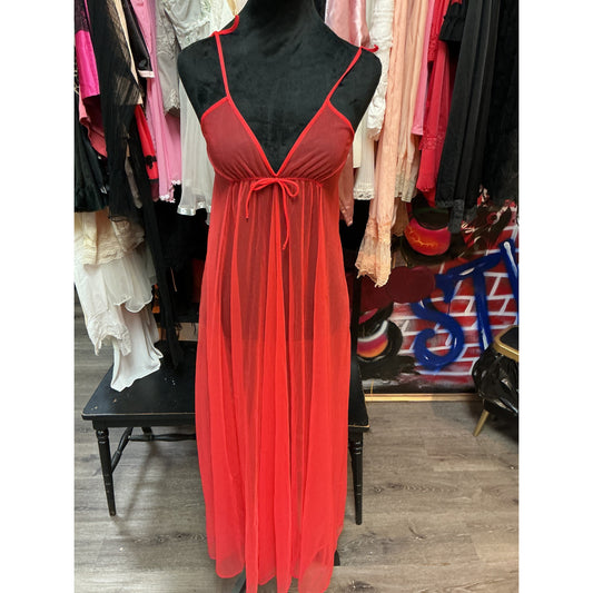 VINTAGE OLGA FULL LENGTH RED SHEER SLIP DRESS (SMALL)