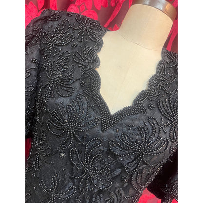 VINTAGE BEADED BLACK LAWRENCE KAZAR DRESS: LARGE