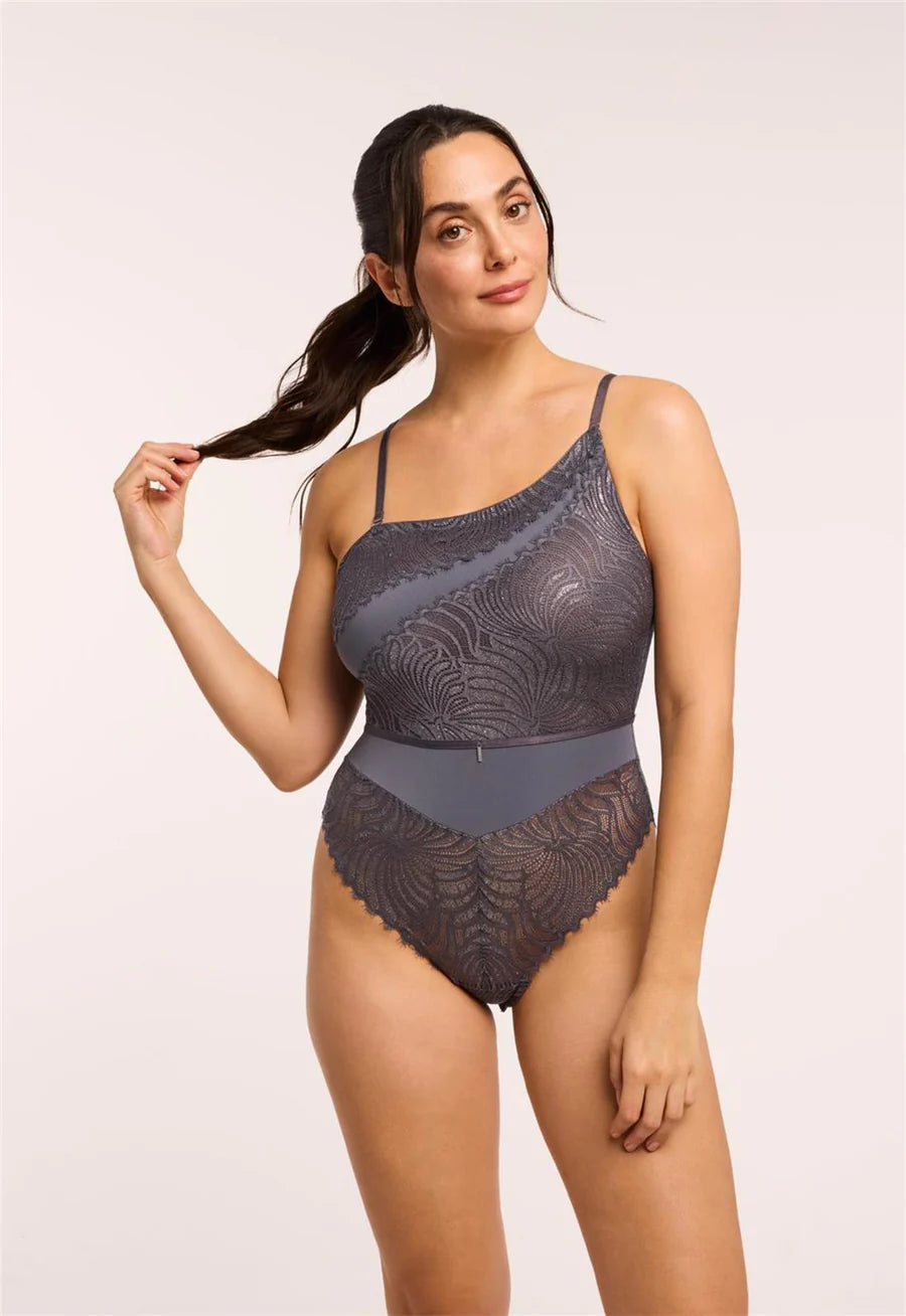 MONTELLE LIGHTS OUT ASYMETRICAL BODYSUIT: MAGNET/SILVER