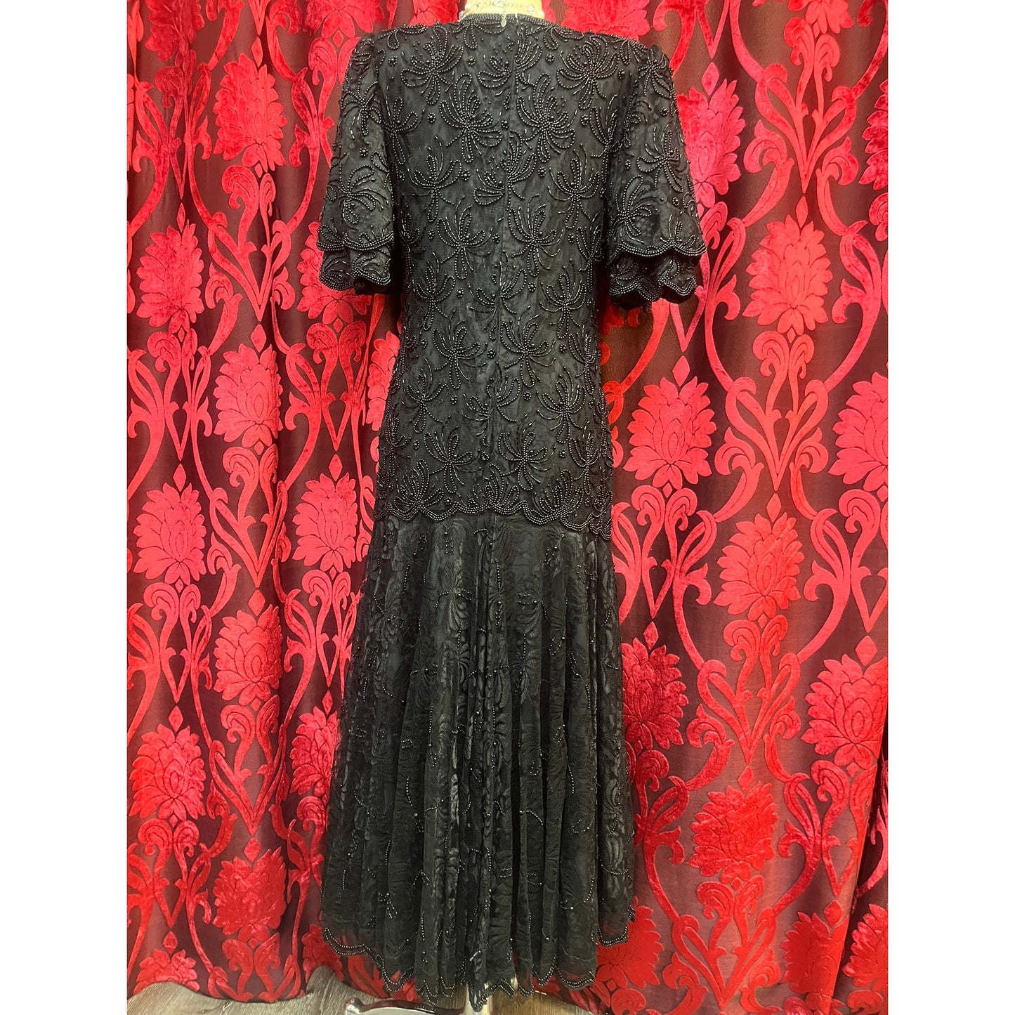 VINTAGE BEADED BLACK LAWRENCE KAZAR DRESS: LARGE