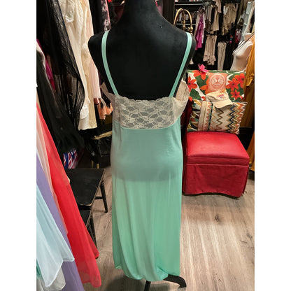 VINTAGE FULL LENGTH GREEN MESH W/ TAN LACE SLIP DRESS