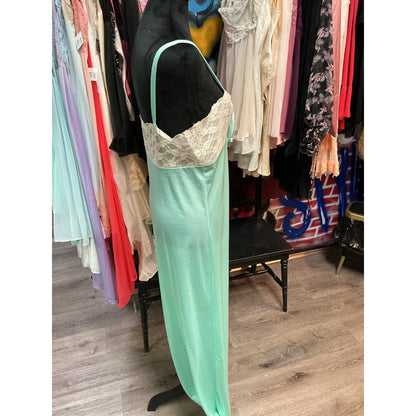VINTAGE FULL LENGTH GREEN MESH W/ TAN LACE SLIP DRESS