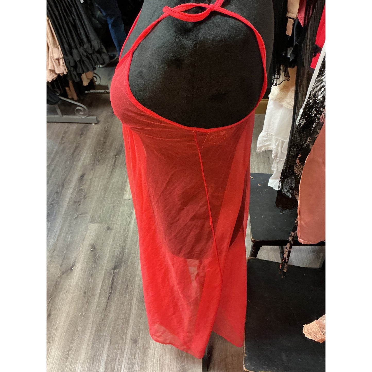 VINTAGE OLGA FULL LENGTH RED SHEER SLIP DRESS (SMALL)