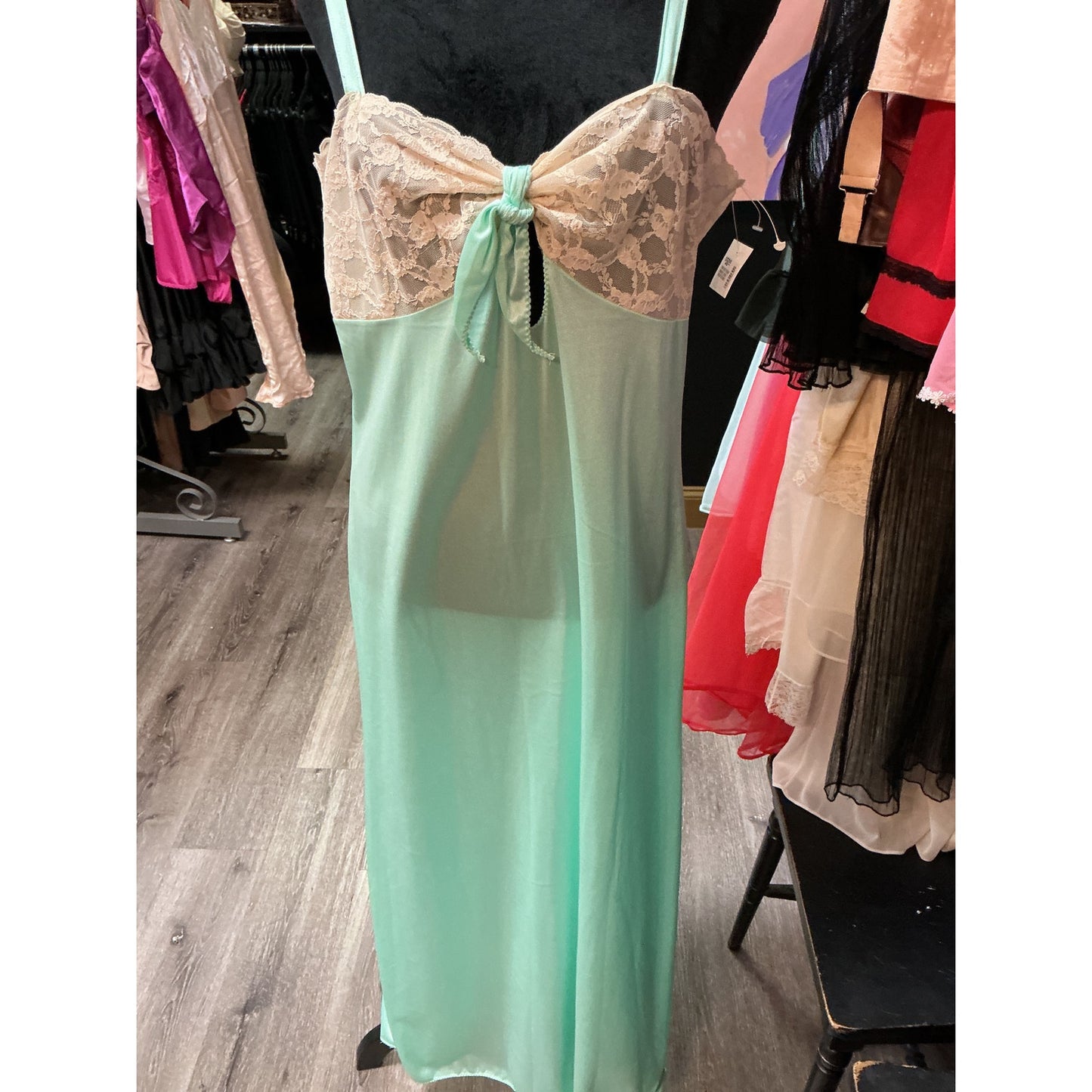 VINTAGE FULL LENGTH GREEN MESH W/ TAN LACE SLIP DRESS