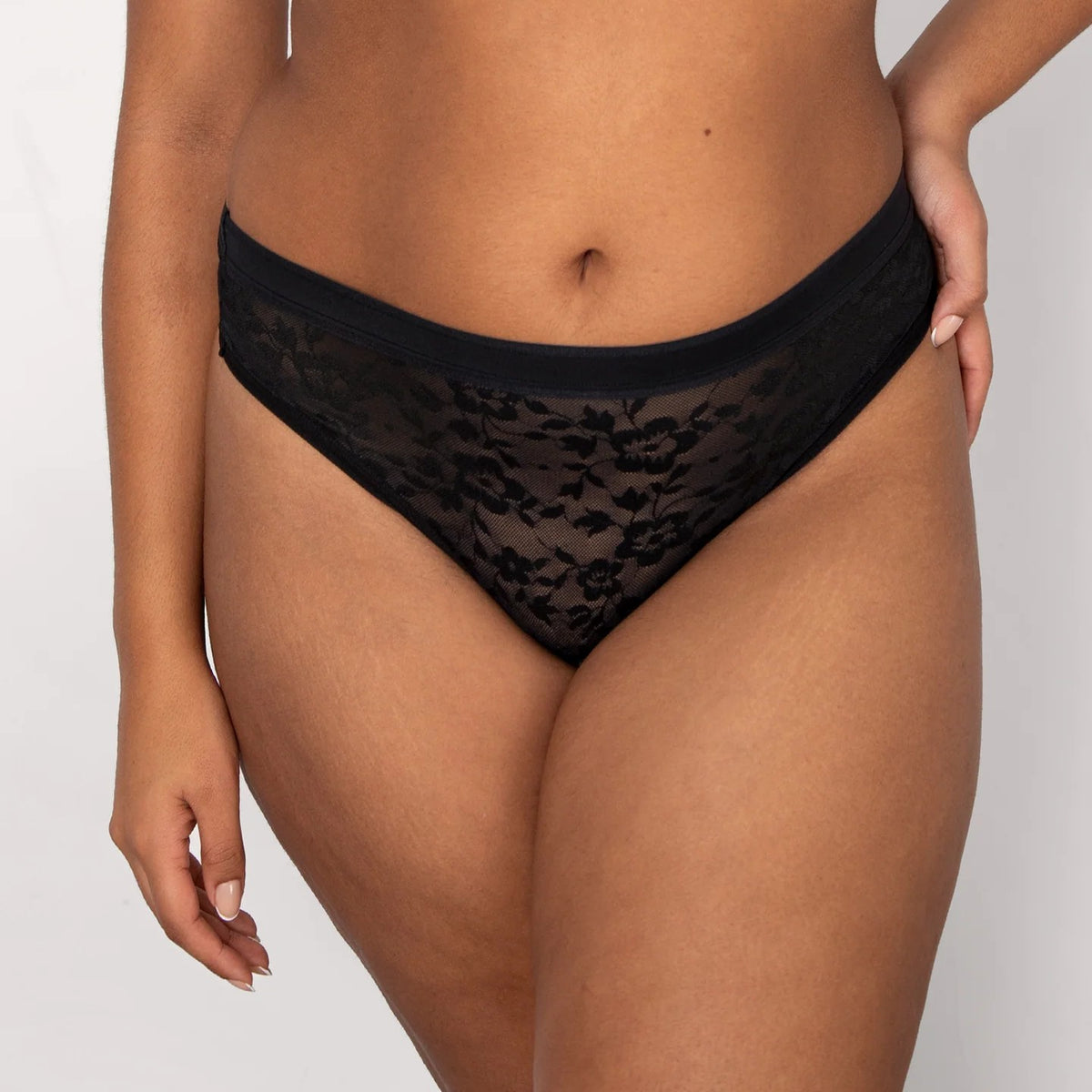 CURVY COUTURE NO-SHOW LACE THONG: BLACK