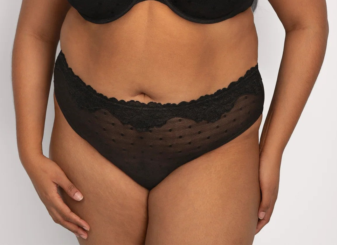 CURVY COUTURE SHEER WHISPER HI-CUT BRIEF: BLACK