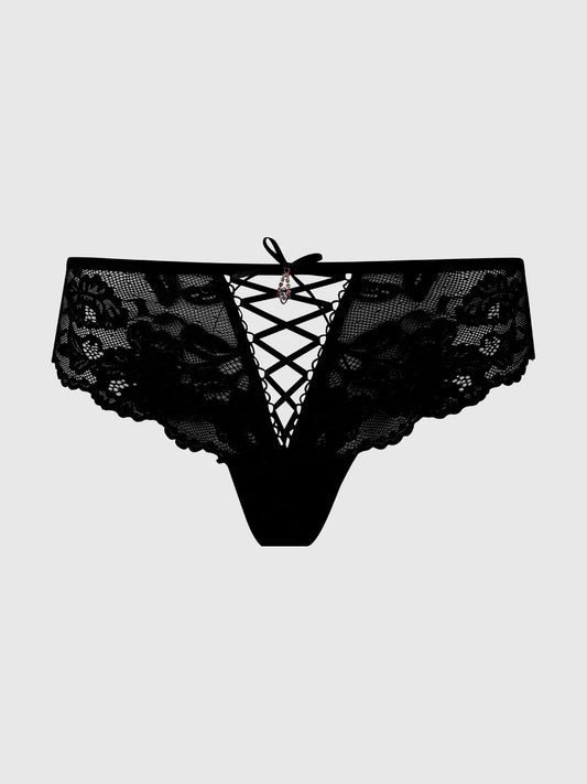 HOUSE OF DESIRE BELLA LACE UP FRONT LACE TANGA: BLACK