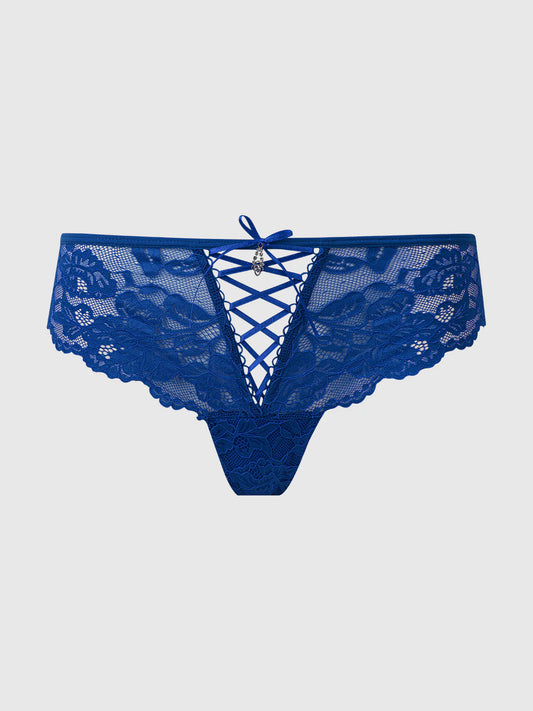 HOUSE OF DESIRE BELLA LACE UP FRONT LACE TANGA: COBALT
