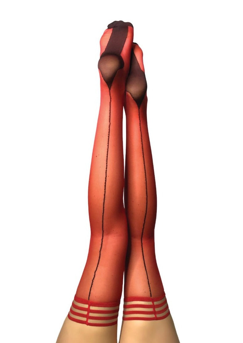 KIX'IES MONICA RED SHEER CUBAN HEEL THIGH HIGHS