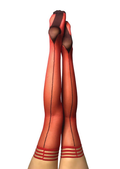 KIX'IES MONICA RED SHEER CUBAN HEEL THIGH HIGHS