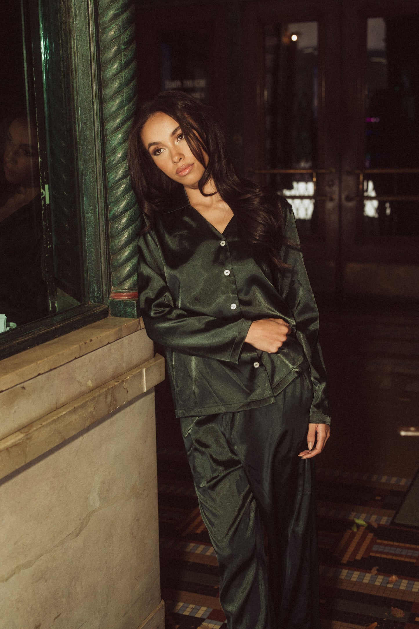 KILO BRAVA SATIN FOREST GREEN LONG PAJAMA SET