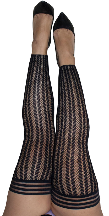 KIX'IES LINDSAY BLACK STRIPE FISHNET FOOTLESS THIGH HIGHS