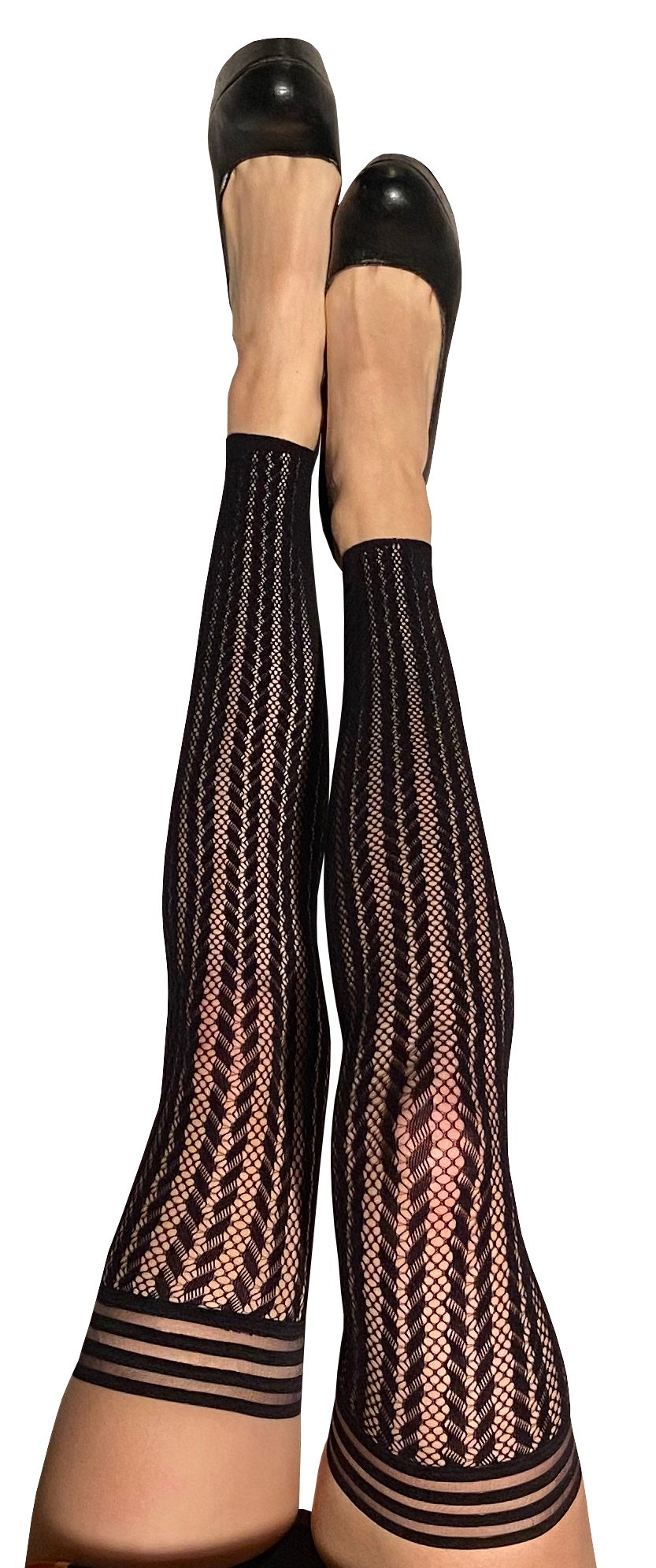 KIX'IES LINDSAY BLACK STRIPE FISHNET FOOTLESS THIGH HIGHS