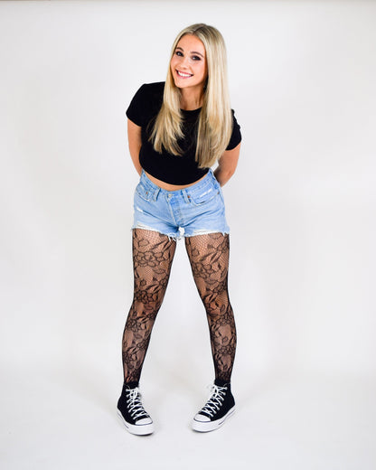 KIX'IES FLOWER FISHNET BLACK TIGHTS