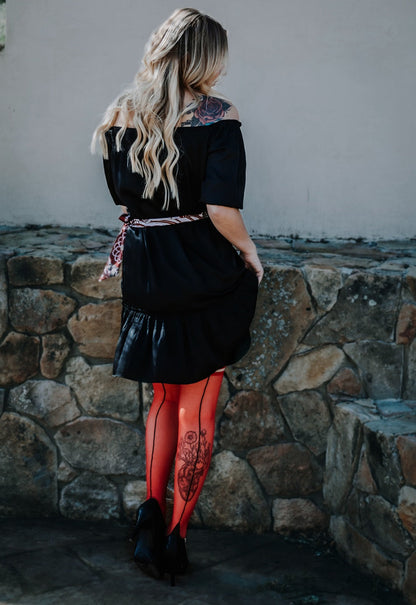 KIX'IES MONICA RED SHEER CUBAN HEEL THIGH HIGHS