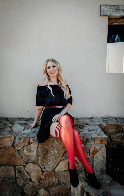 KIX'IES MONICA RED SHEER CUBAN HEEL THIGH HIGHS