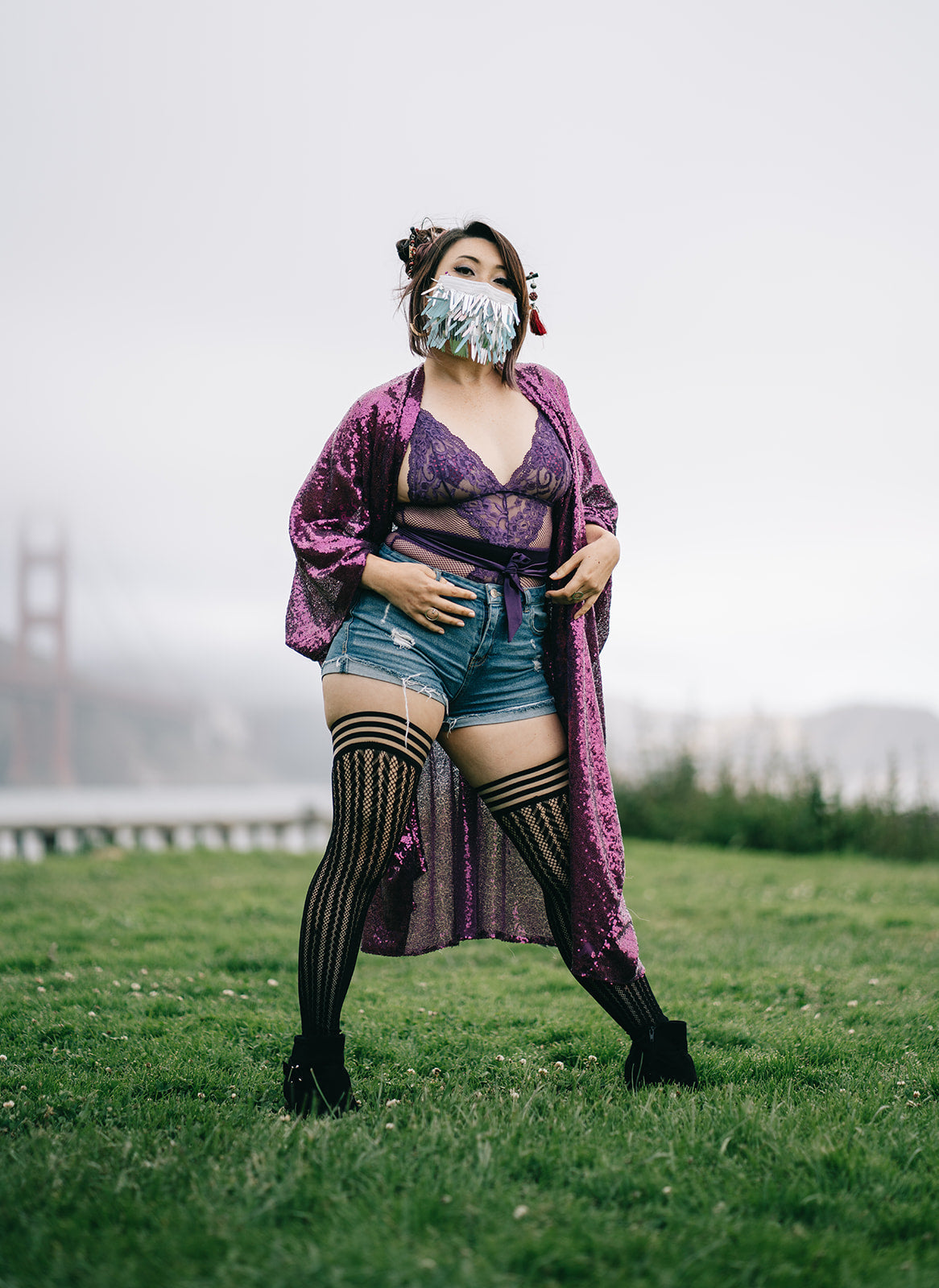 KIX'IES LINDSAY BLACK STRIPE FISHNET FOOTLESS THIGH HIGHS