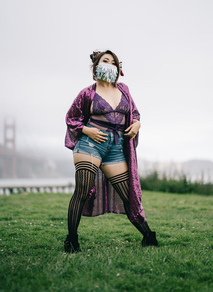 KIX'IES LINDSAY BLACK STRIPE FISHNET FOOTLESS THIGH HIGHS