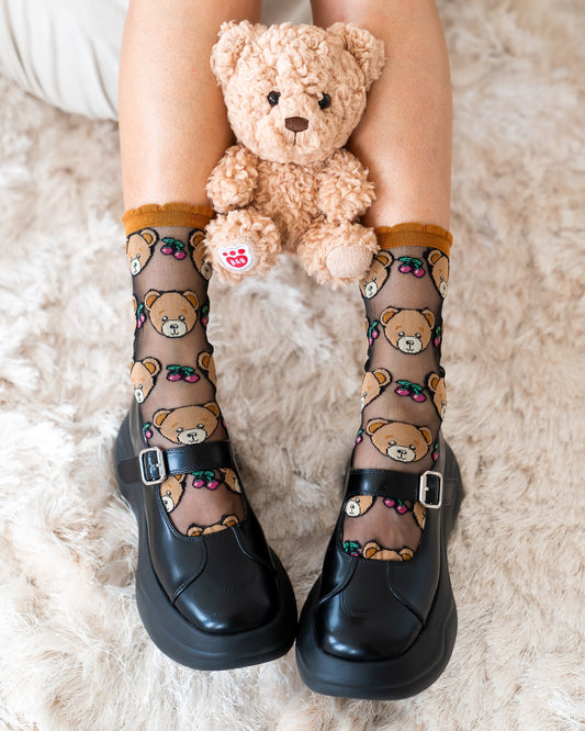 SOCK CANDY TEDDY BEAR RUFFLE BLACK SHEER CREW SOCKS
