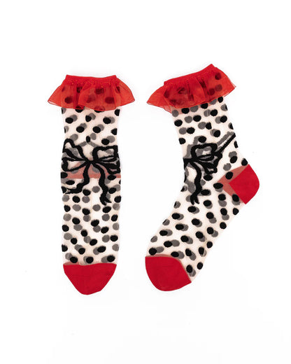 SOCK CANDY POLKA DOT BOW RUFFLE SHEER CREW SOCKS