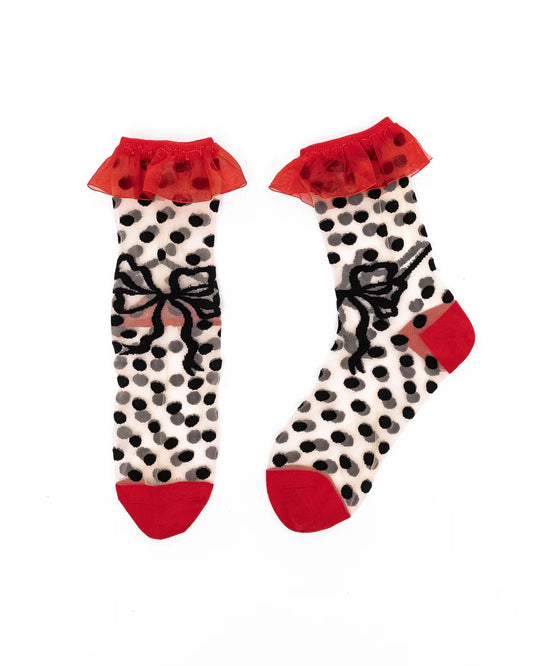 SOCK CANDY POLKA DOT BOW RUFFLE SHEER CREW SOCKS