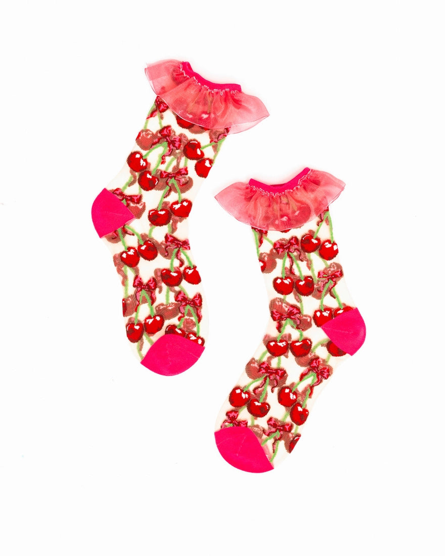 SOCK CANDY CHERRY BOW RUFFLE CREW SOCKS