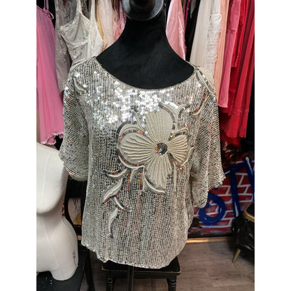 VINTAGE ROYAL RETRO SILVER SEQUIN & BEADED 80'S TOP