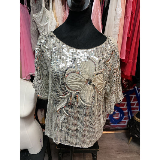 VINTAGE ROYAL RETRO SILVER SEQUIN & BEADED 80'S TOP