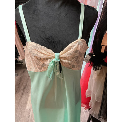 VINTAGE FULL LENGTH GREEN MESH W/ TAN LACE SLIP DRESS