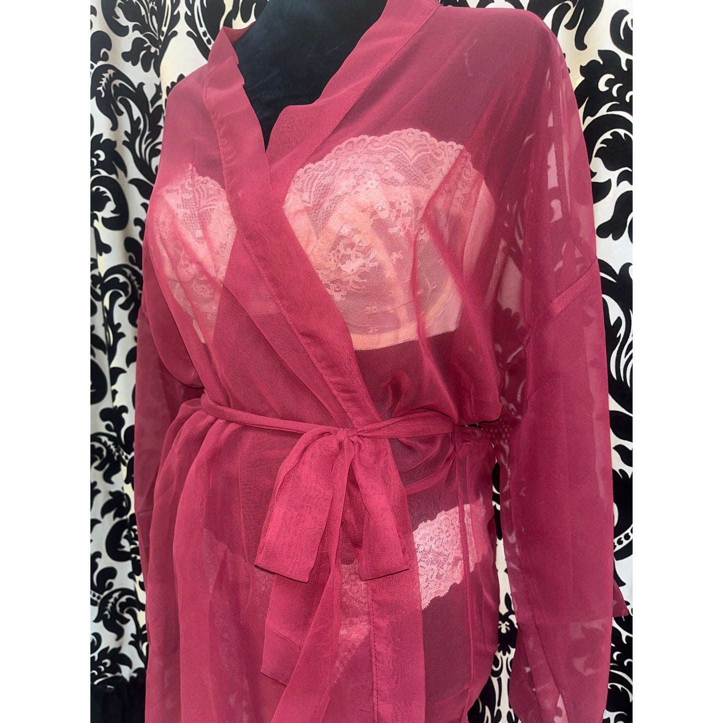 VINTAGE EMPIRE INTIMATES SHEER MERLOT ROBE: ONE SIZE