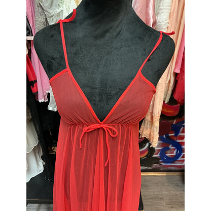 VINTAGE OLGA FULL LENGTH RED SHEER SLIP DRESS (SMALL)